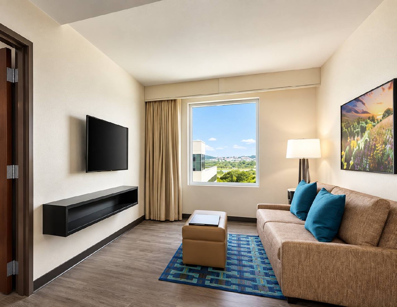 Suite living room with sofa, television and blue accent rug