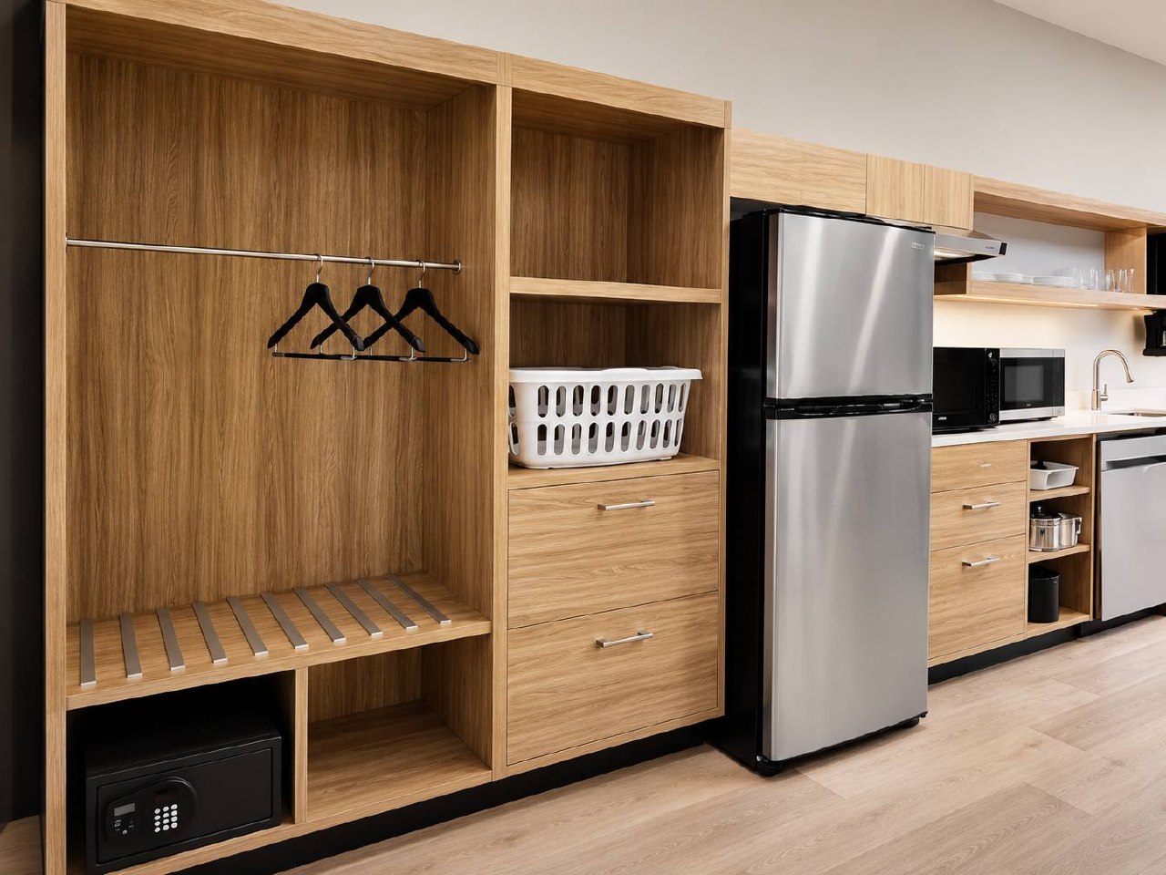 Hyatt Studios guest suite storage, wardrobe and kitchenette cabinetry
