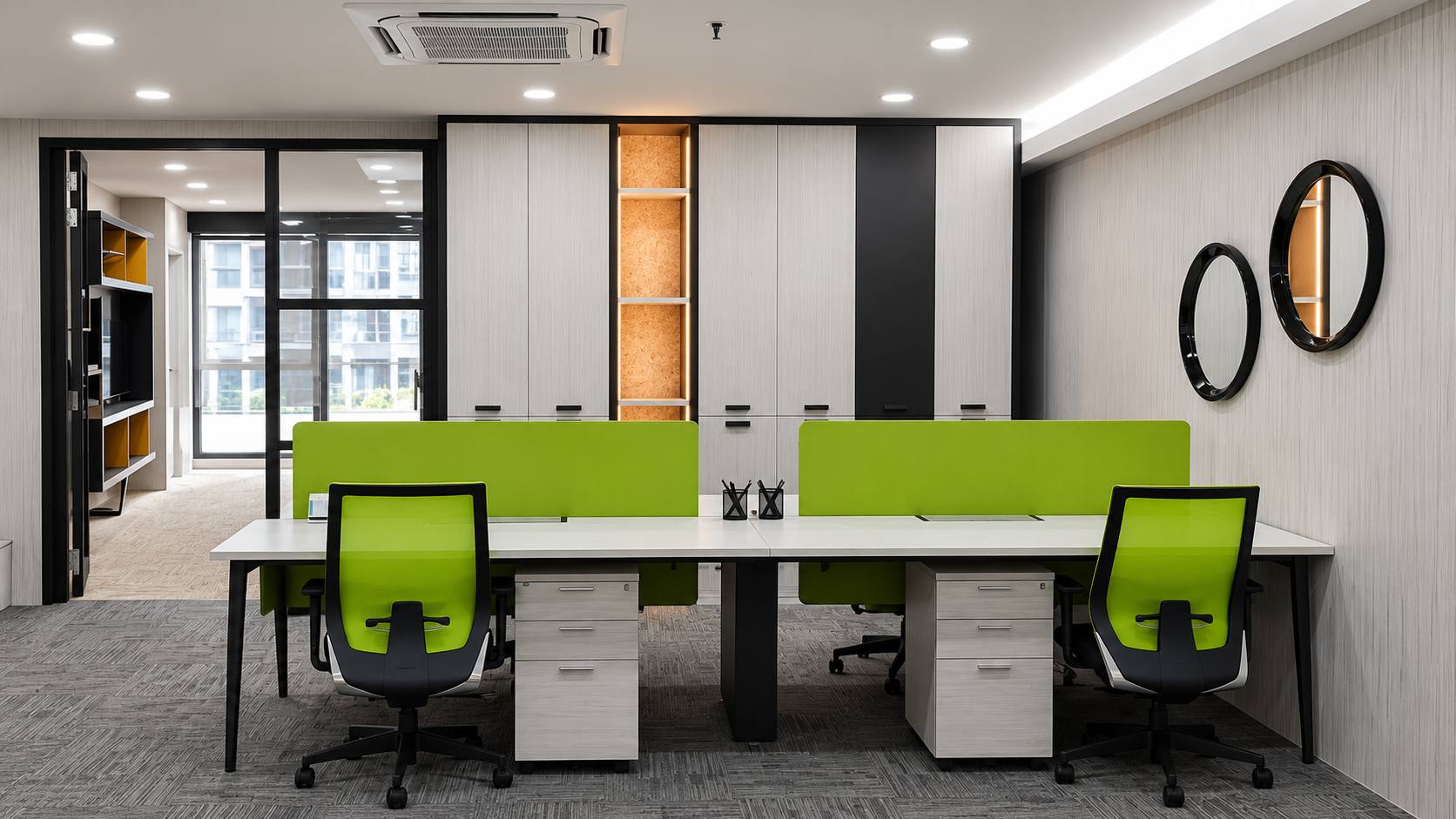 Jeff Office shared workstations with green privacy screens and integrated cabinetry