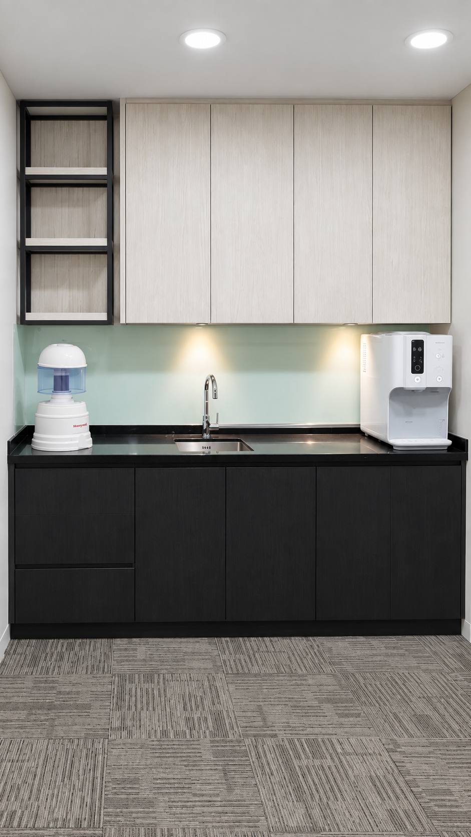 Jeff Office pantry with black lower cabinetry and pale upper cabinets