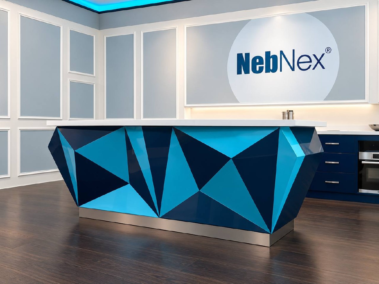 NebNex commercial interior with a geometric blue branded counter
