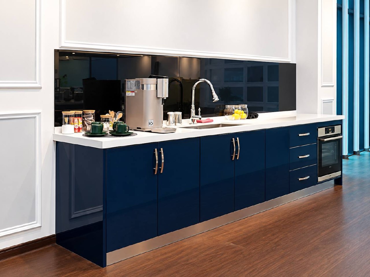 NebNex long service counter with blue cabinetry