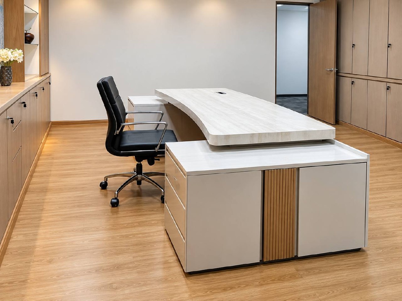 Private office desk with a pale stone worktop and timber storage