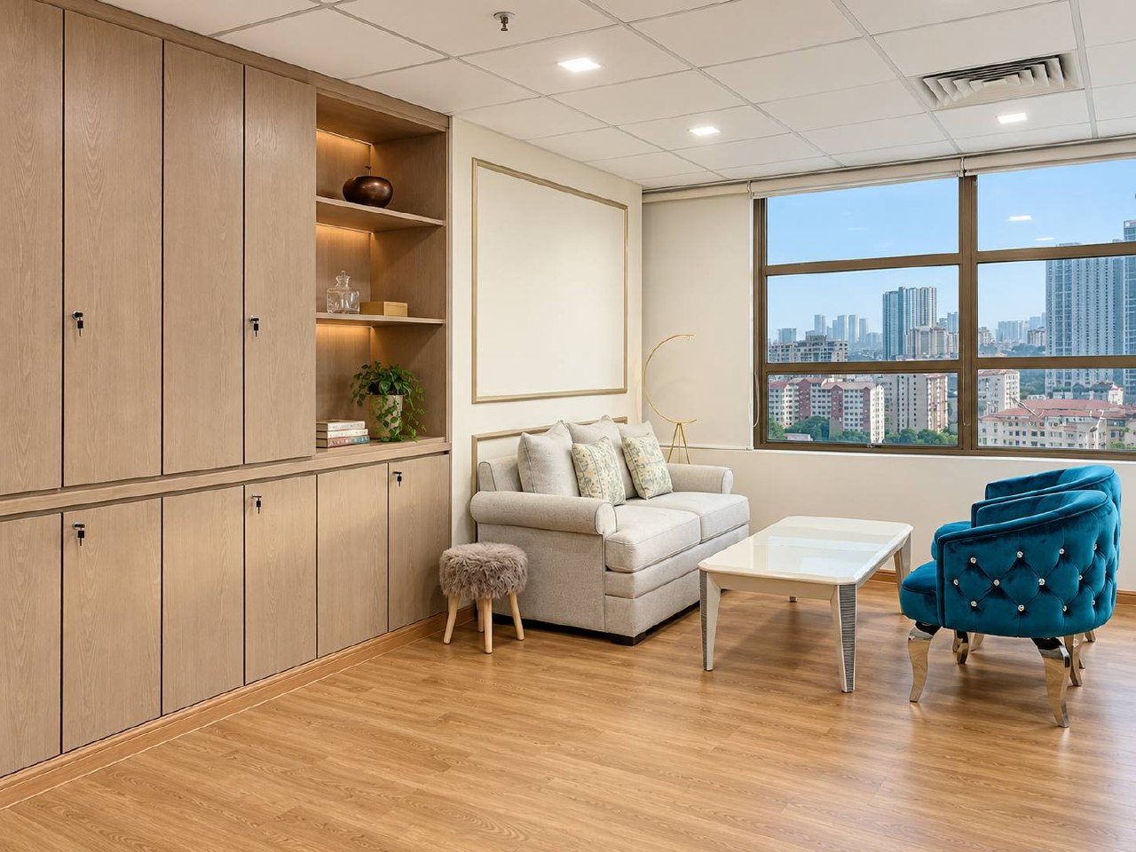 Office lounge with timber storage and city views