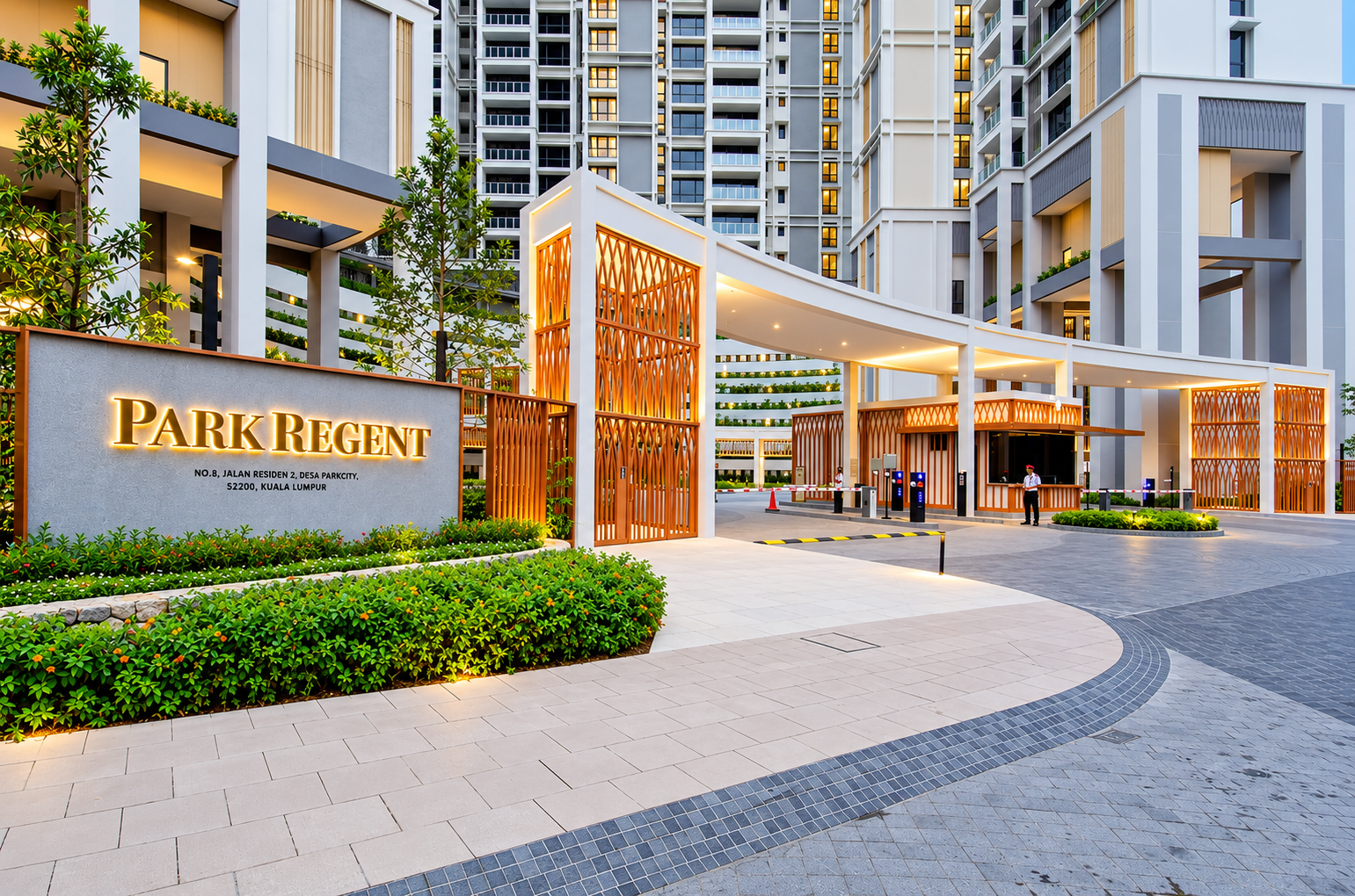 Park Regent residential development entrance and illuminated arrival gate