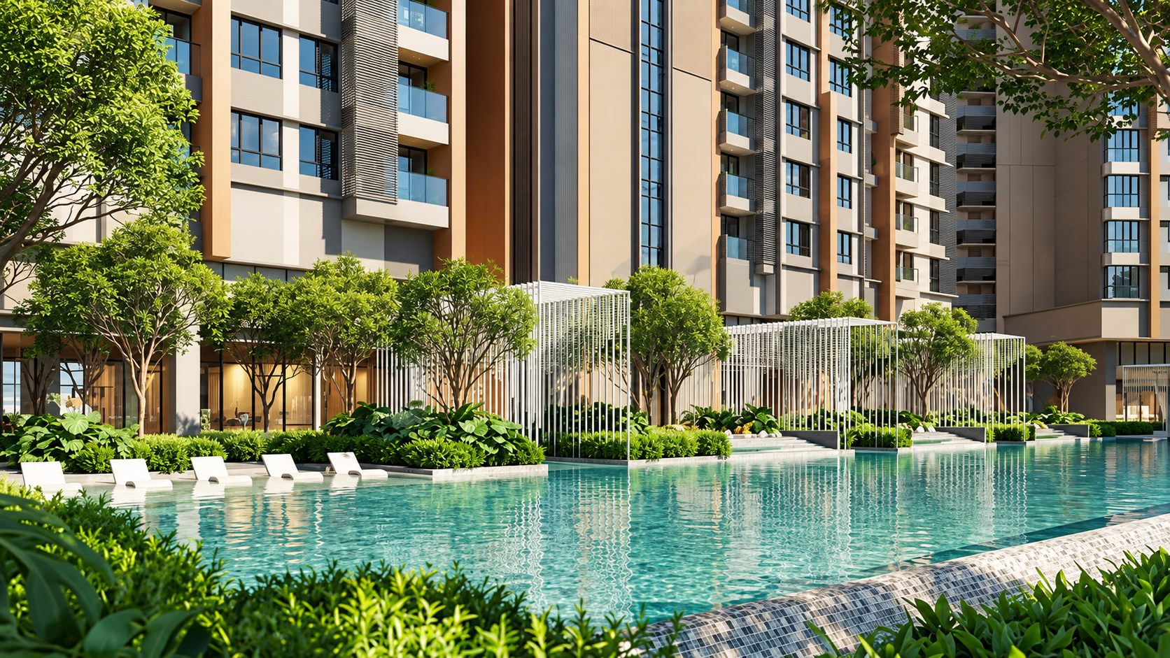 PICC Senze residential show-unit building beside a landscaped outdoor pool