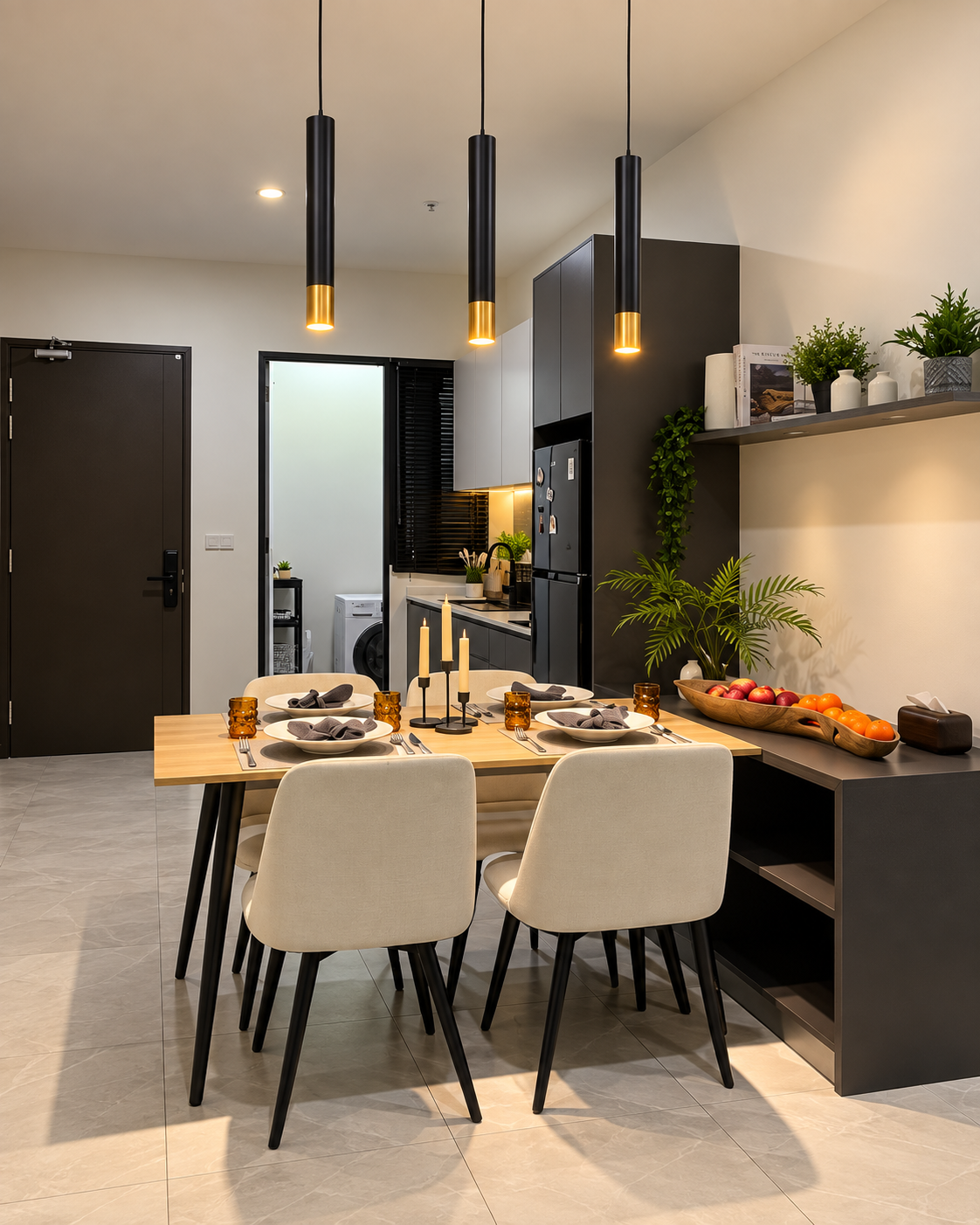 Show unit dining area beside a compact kitchen with dark cabinetry and pendant lighting