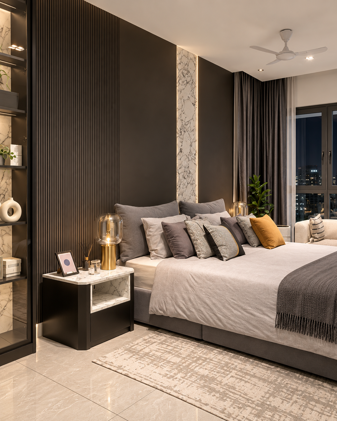 PICC Senze show unit lounge with sculptural seating and warm wood finishes