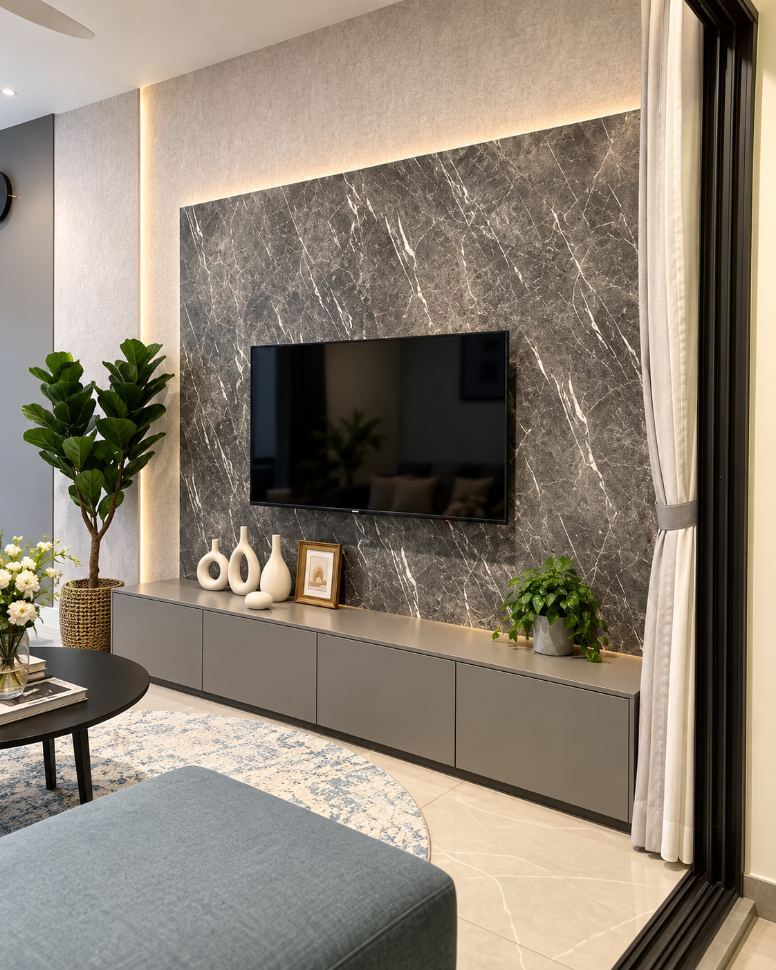 Custom media wall with marble-look feature panel and low storage cabinets