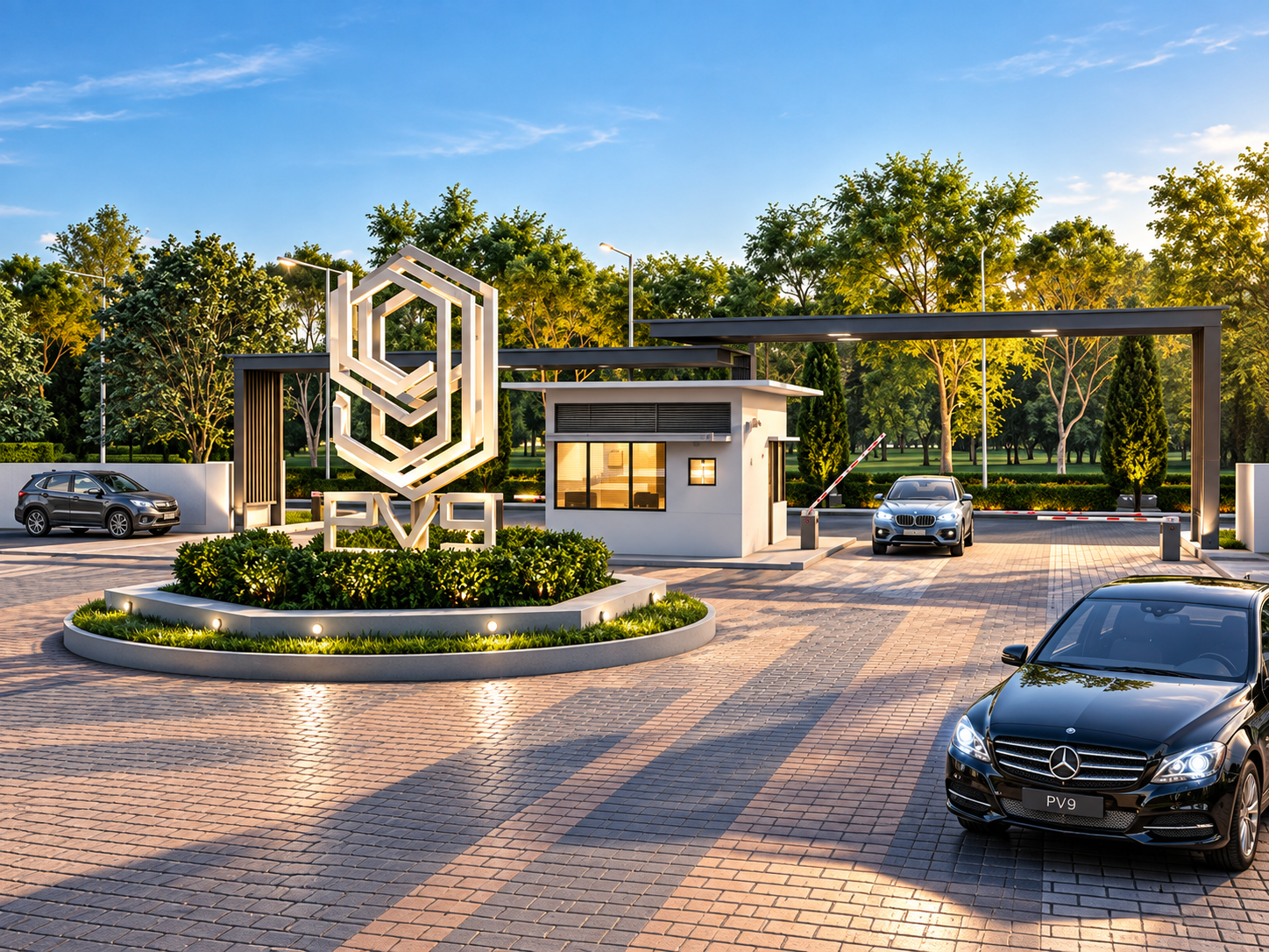 PV9 residential development entrance gate at sunset