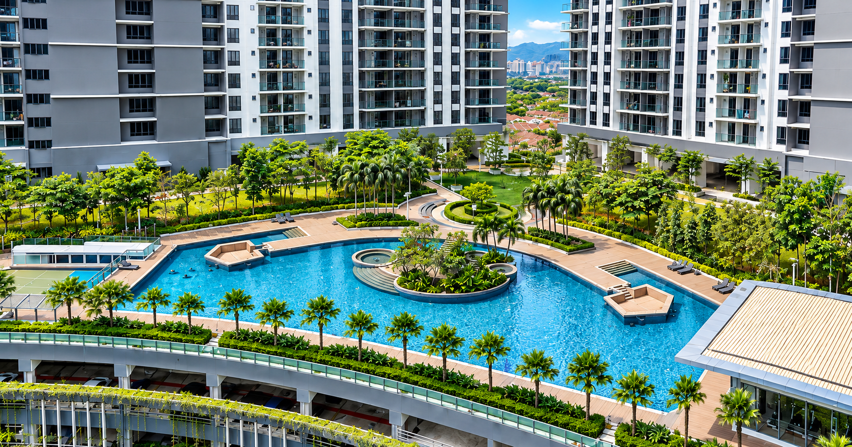 United Point condominium courtyard with landscaped swimming pool