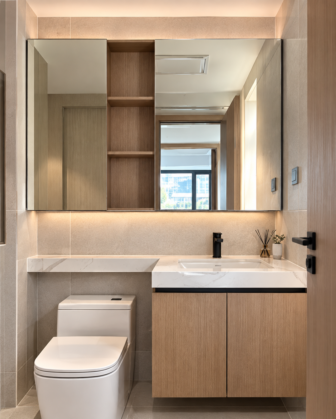 Suite bathroom with mirrored storage, illuminated vanity and timber cabinetry