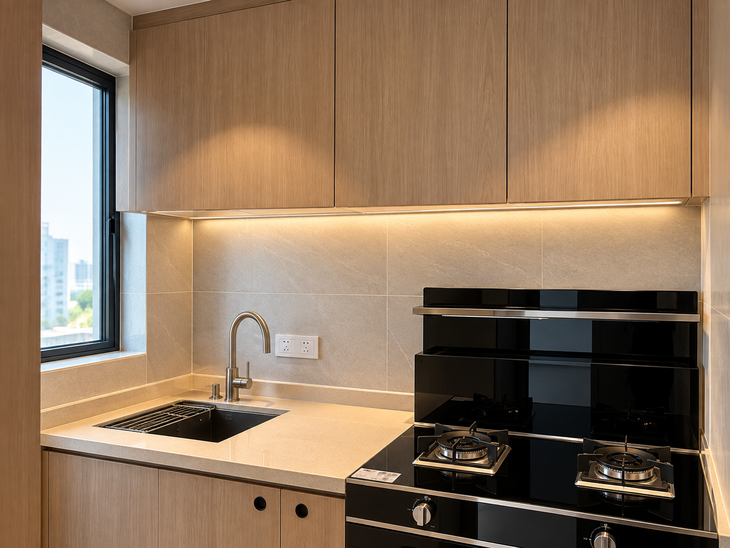 Warm timber hotel suite kitchen with stone counter and integrated gas cooktop
