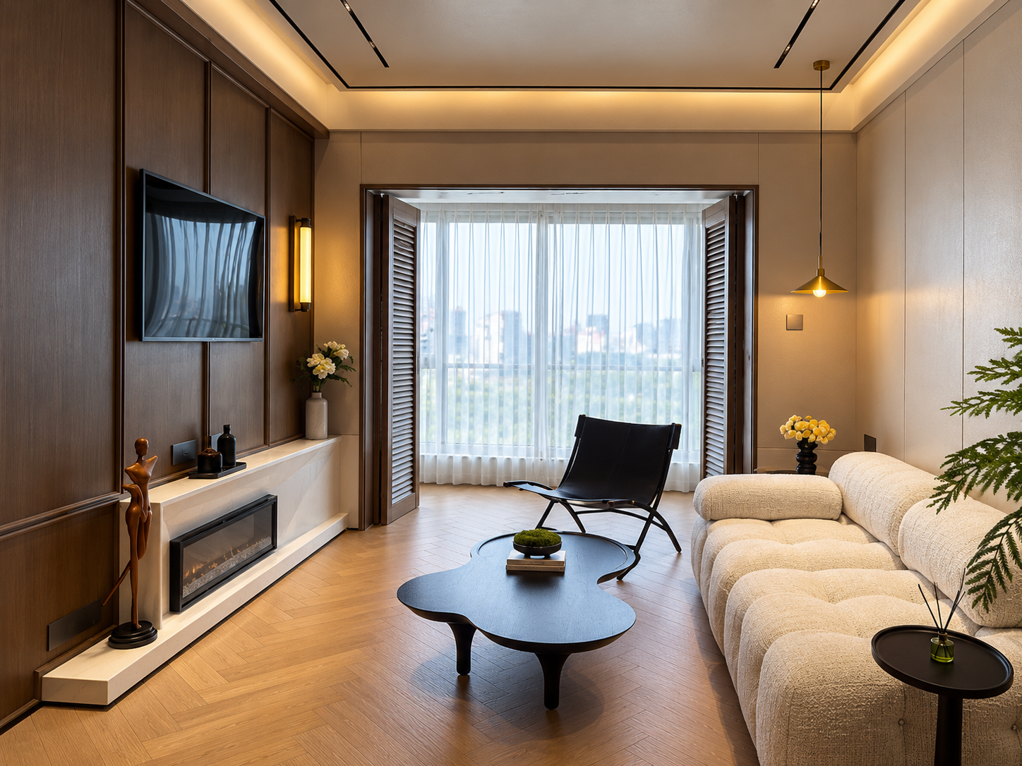 Contemporary lounge with a sculptural sofa, warm wood panels and city views