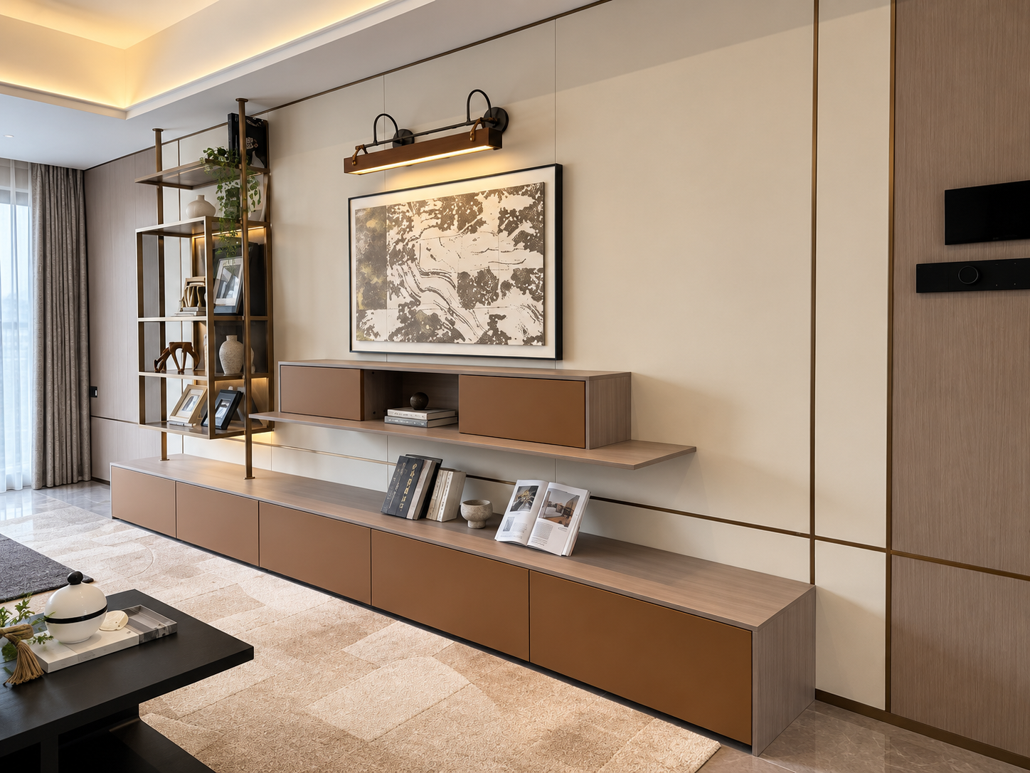 Custom media wall and integrated low cabinetry in a contemporary hotel suite