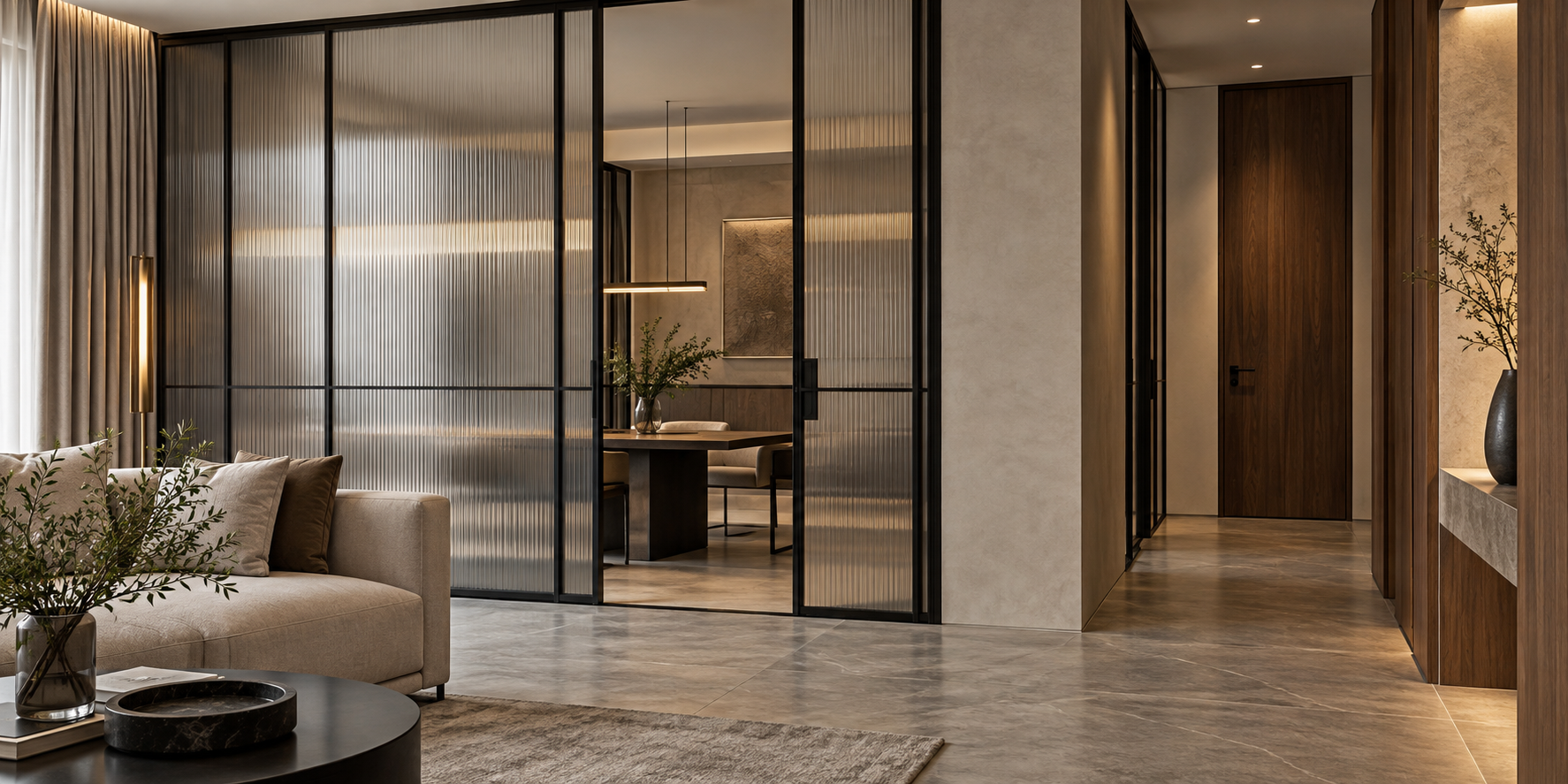 Architectural finishes with fluted-glass partitions, plaster walls and timber doors