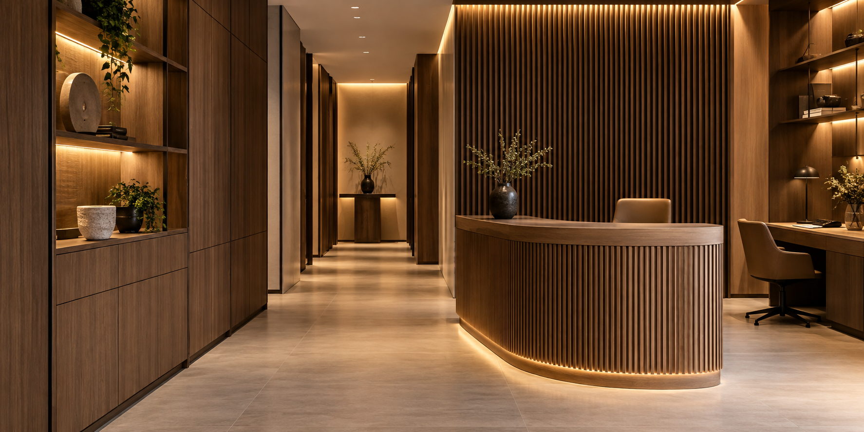 Custom timber cabinetry, reception counter and integrated workstation