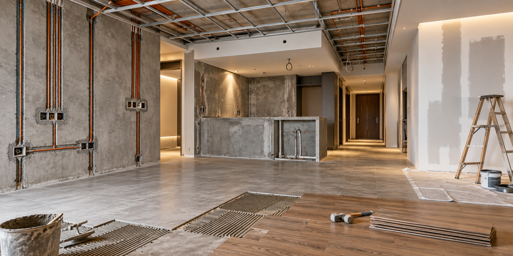 Core renovation works with electrical conduits, ceiling framing and flooring installation