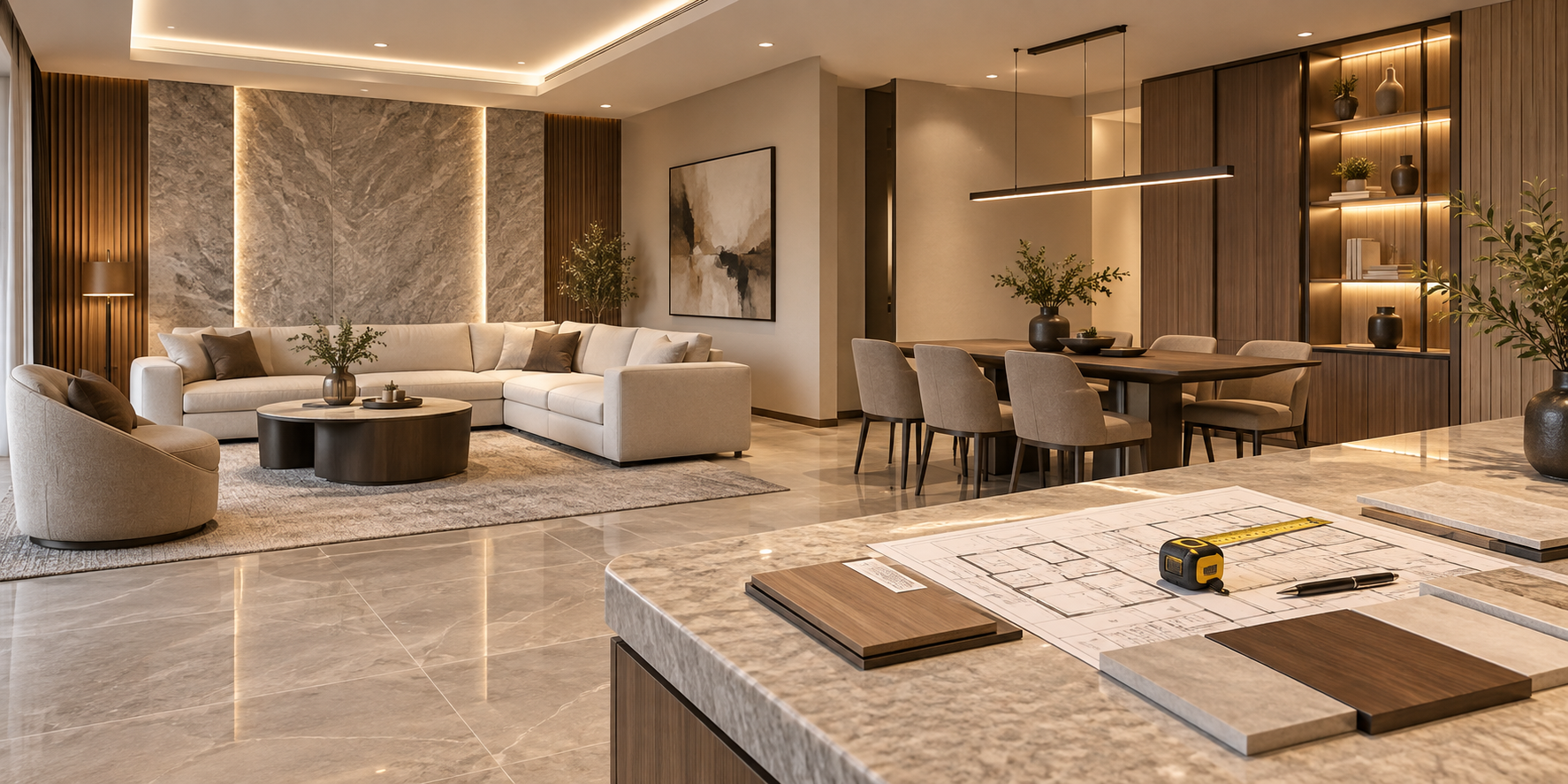 Completed interior fit-out with plans and finish samples prepared for inspection